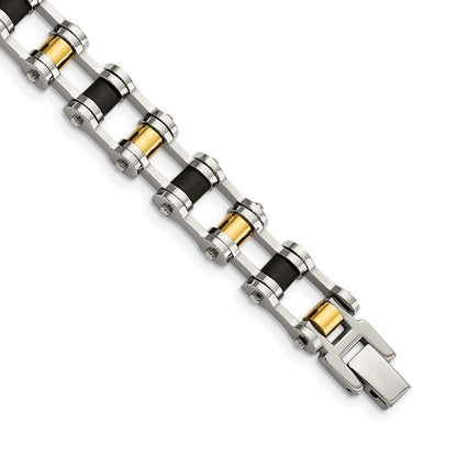 Stainless Steel Chisel Polished Yellow Ip-Plated With Black Rubber 8.75 Inch Bracelet