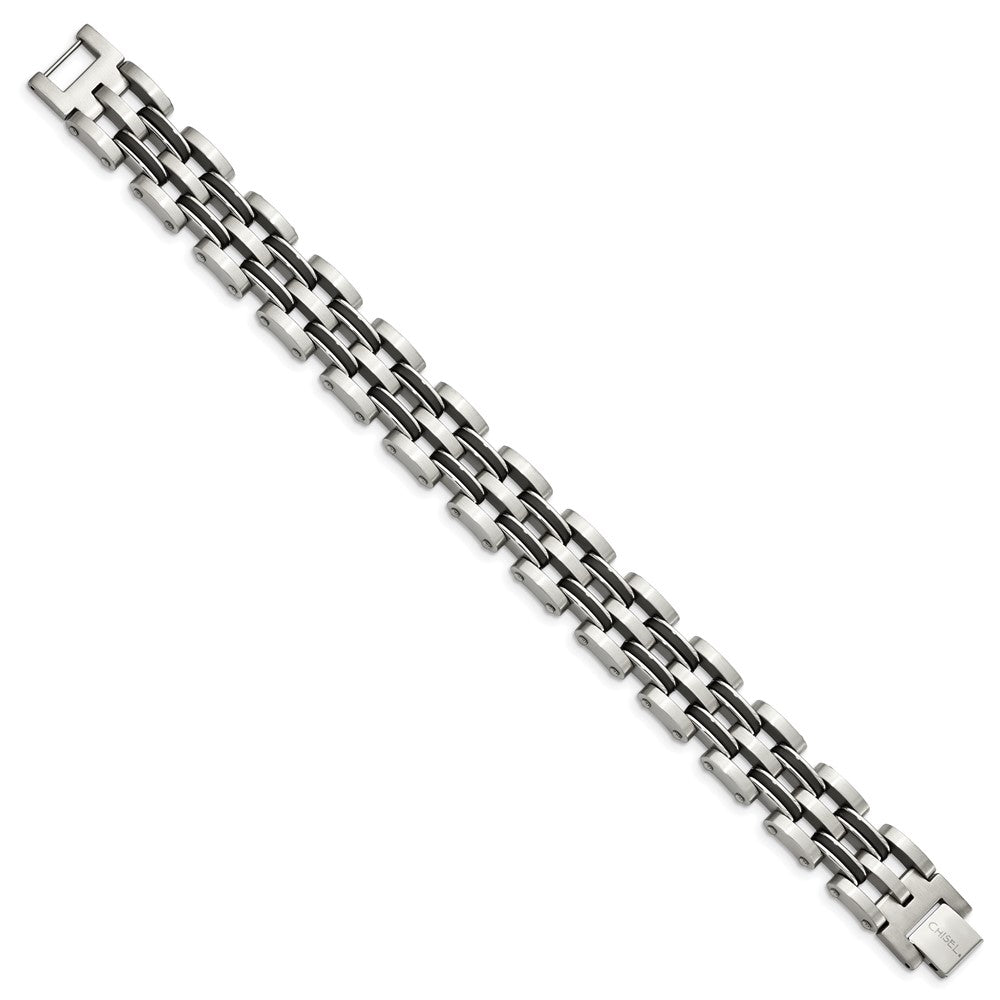 9.25 Inch Chisel Stainless Steel Brushed And Polished With Black Rubber 8.75 Link Bracelet