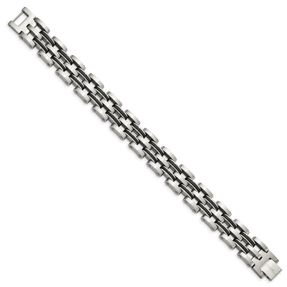 9.25 Inch Chisel Stainless Steel Brushed And Polished With Black Rubber 8.75 Link Bracelet