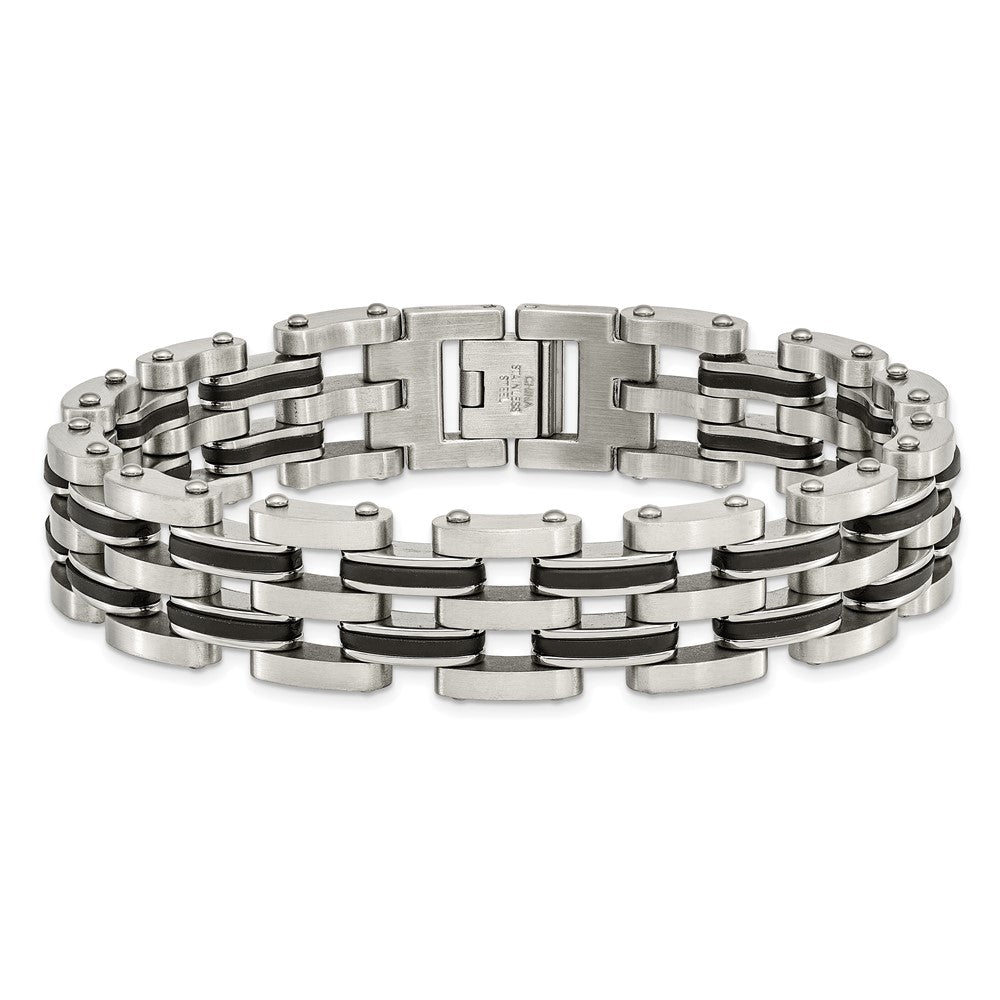 9.25 Inch Chisel Stainless Steel Brushed And Polished With Black Rubber 8.75 Link Bracelet