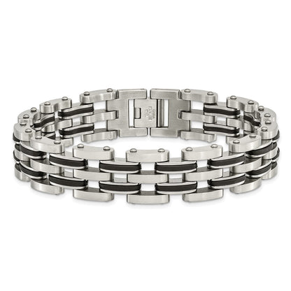9.25 Inch Chisel Stainless Steel Brushed And Polished With Black Rubber 8.75 Link Bracelet