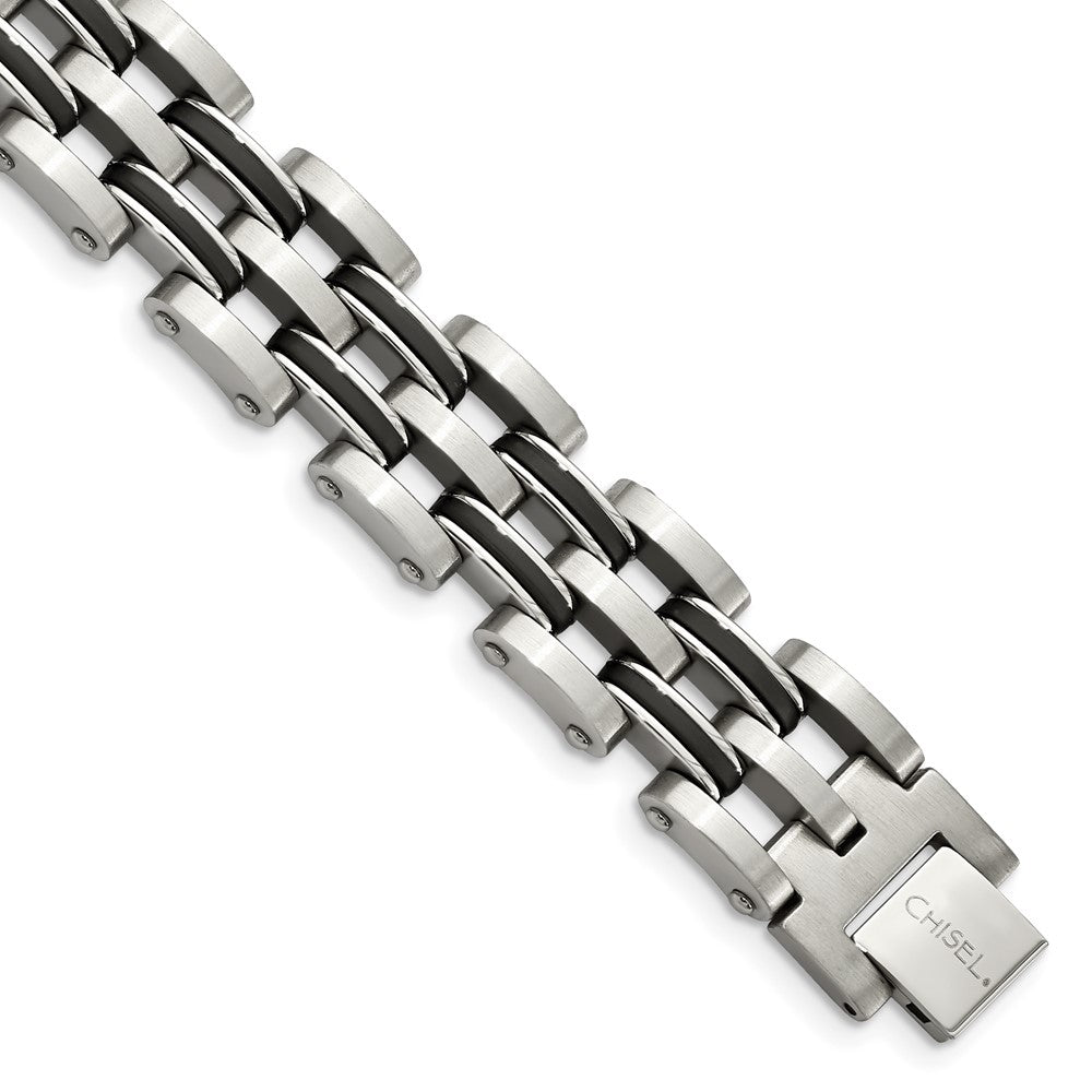 9.25 Inch Chisel Stainless Steel Brushed And Polished With Black Rubber 8.75 Link Bracelet
