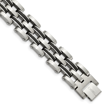 9.25 Inch Chisel Stainless Steel Brushed And Polished With Black Rubber 8.75 Link Bracelet