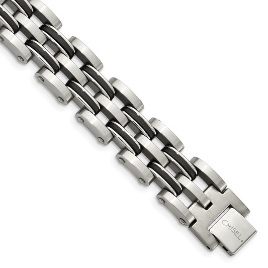 9.25 Inch Chisel Stainless Steel Brushed And Polished With Black Rubber 8.75 Link Bracelet