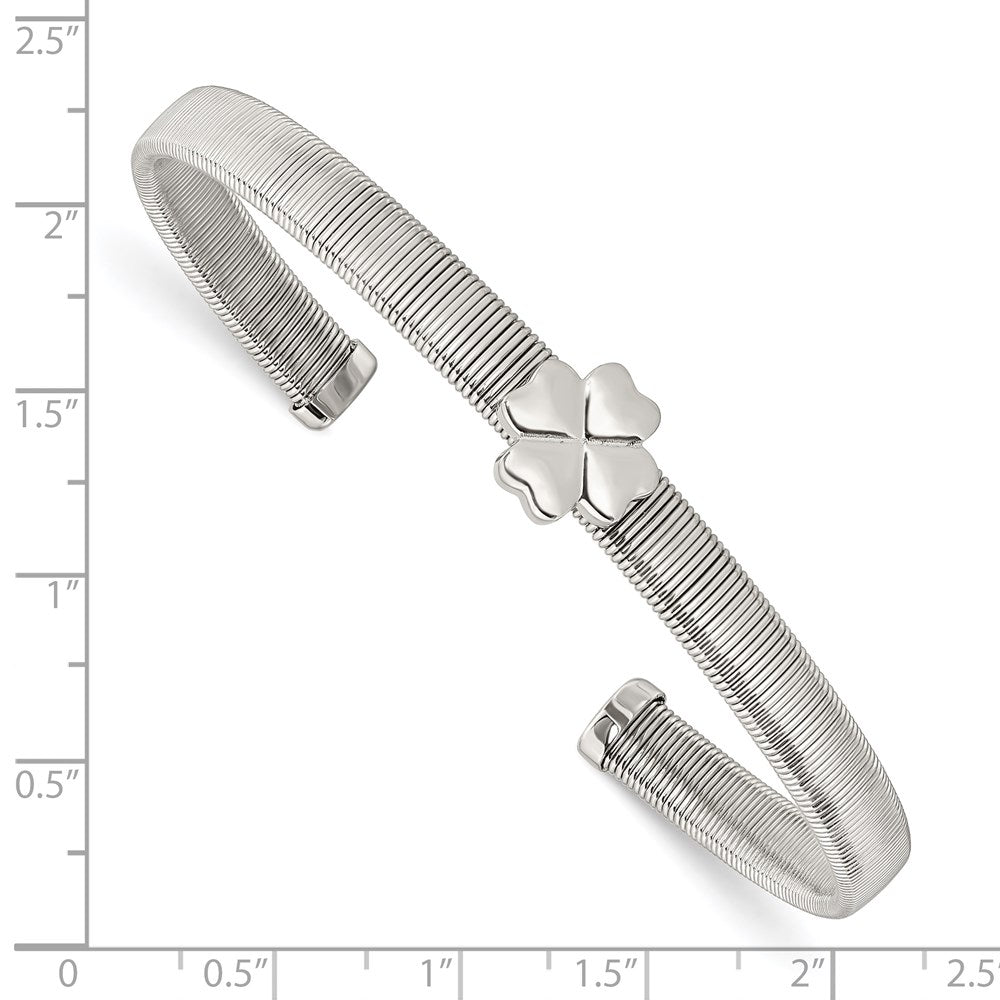 Stainless Steel Chisel Polished Four Leaf Clover Flexible Cuff Bangle