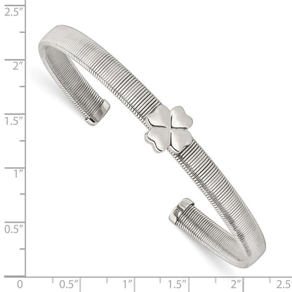 Stainless Steel Chisel Polished Four Leaf Clover Flexible Cuff Bangle