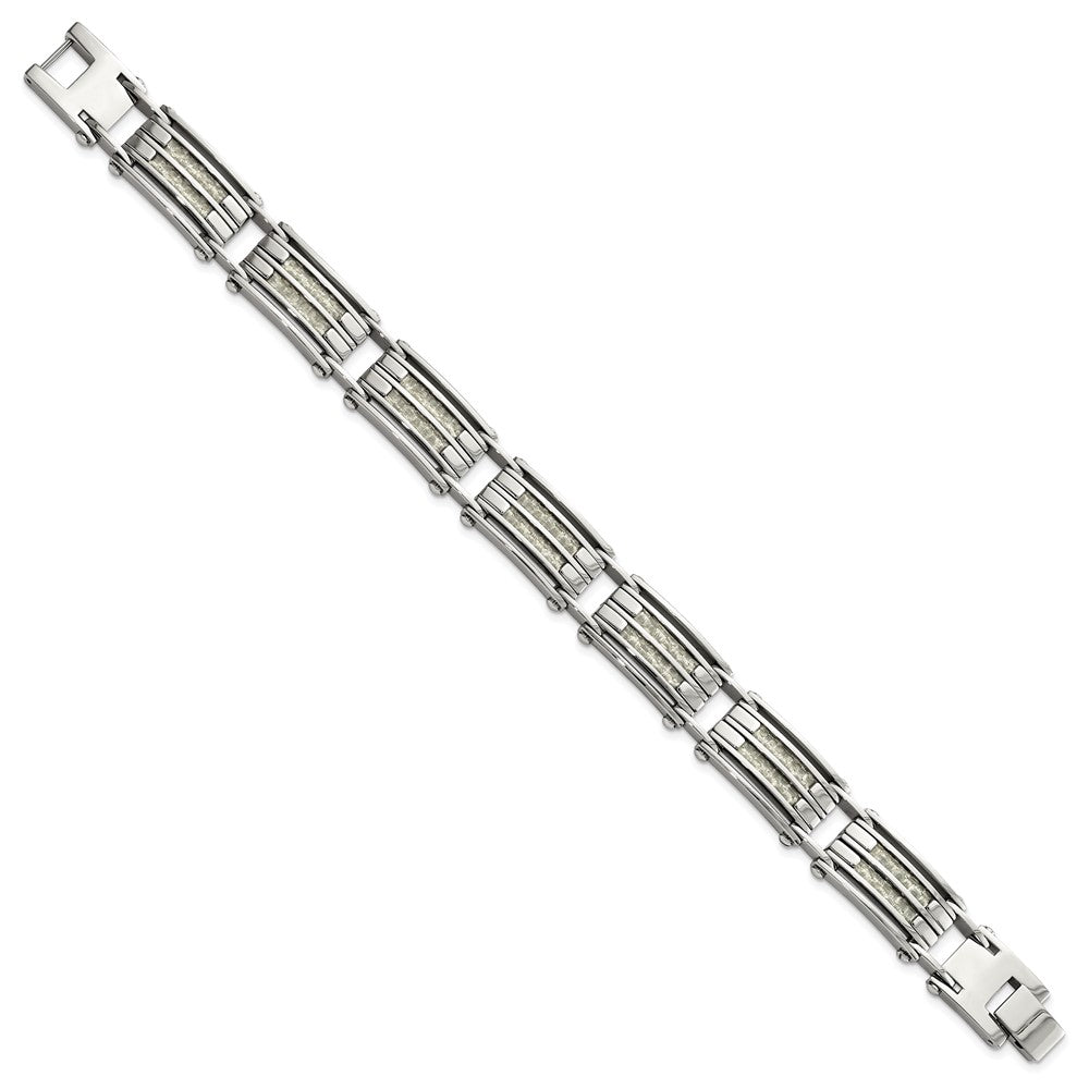 Stainless Steel Chisel Polished With Grey Carbon Fiber Inlay 8.25 Inch Link Bracelet
