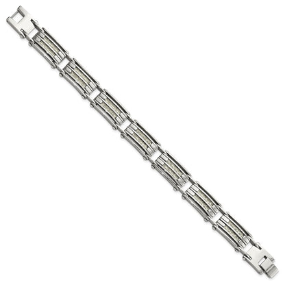 Stainless Steel Chisel Polished With Grey Carbon Fiber Inlay 8.25 Inch Link Bracelet