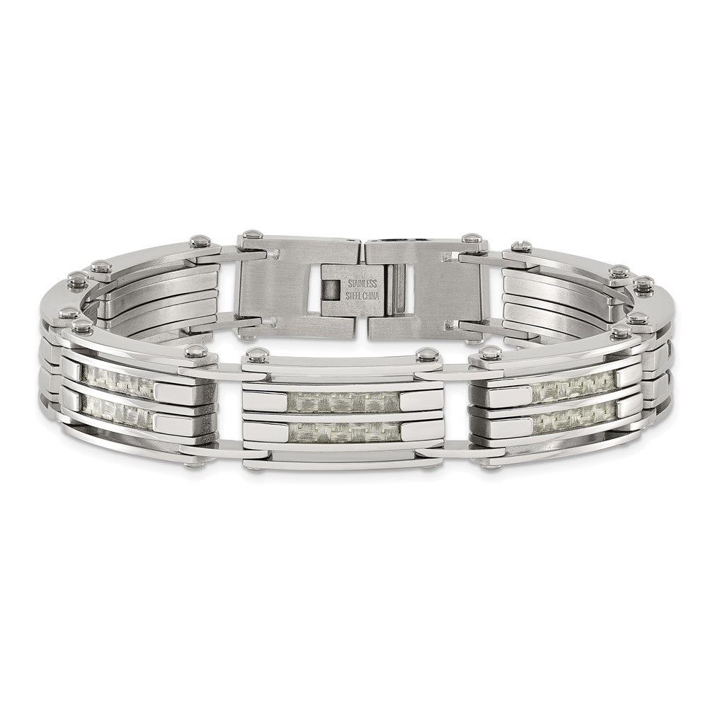 Stainless Steel Chisel Polished With Grey Carbon Fiber Inlay 8.25 Inch Link Bracelet
