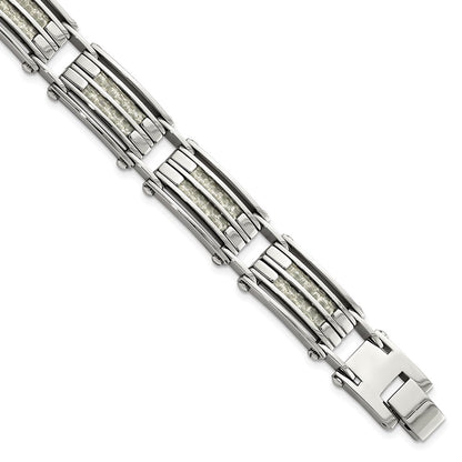 Stainless Steel Chisel Polished With Grey Carbon Fiber Inlay 8.25 Inch Link Bracelet