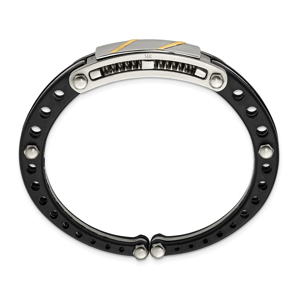 Stainless Steel Chisel Polished With Black Pvc And 14K Gold Inlay Hinged Bangle