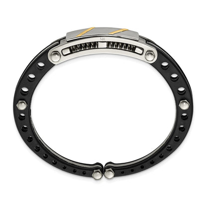 Stainless Steel Chisel Polished With Black Pvc And 14K Gold Inlay Hinged Bangle
