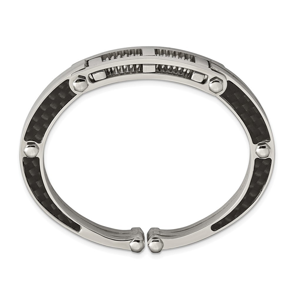 Stainless Steel Chisel Brushed And Polished With Black Carbon Fiber Inlay Hinged Bangle