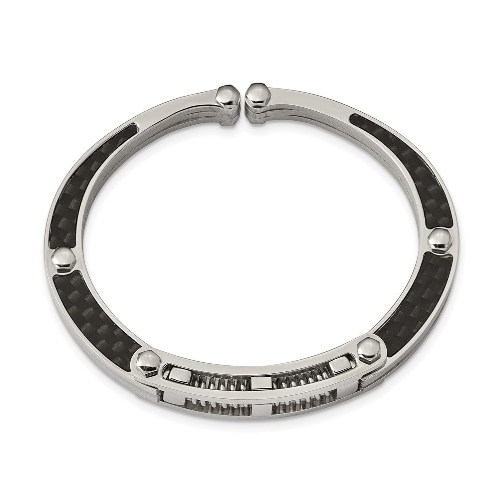 Stainless Steel Chisel Brushed And Polished With Black Carbon Fiber Inlay Hinged Bangle