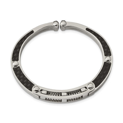 Stainless Steel Chisel Brushed And Polished With Black Carbon Fiber Inlay Hinged Bangle