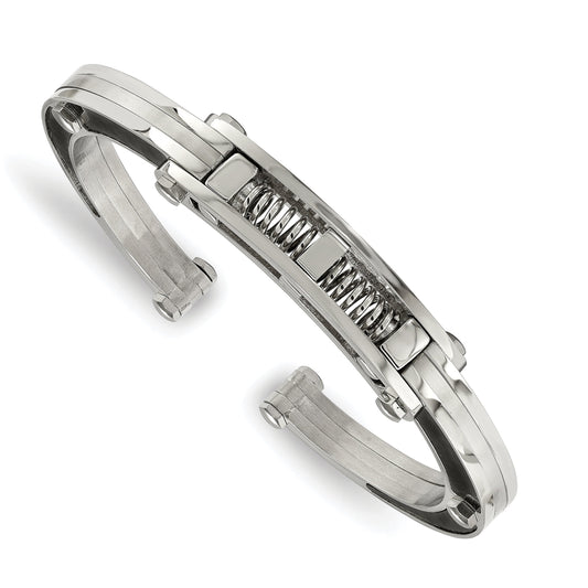 Stainless Steel Chisel Brushed And Polished With Black Carbon Fiber Inlay Hinged Bangle