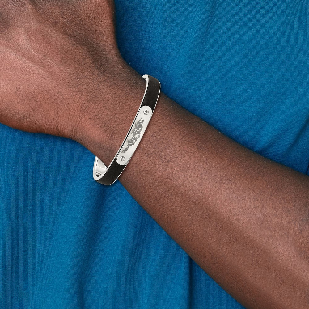 Stainless Steel Polished W/Black Rubber Laser Etched Dragon Bangle