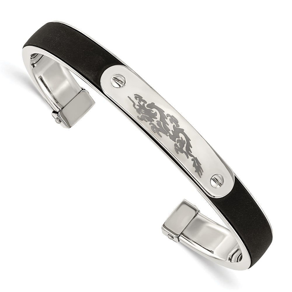 Stainless Steel Polished W/Black Rubber Laser Etched Dragon Bangle