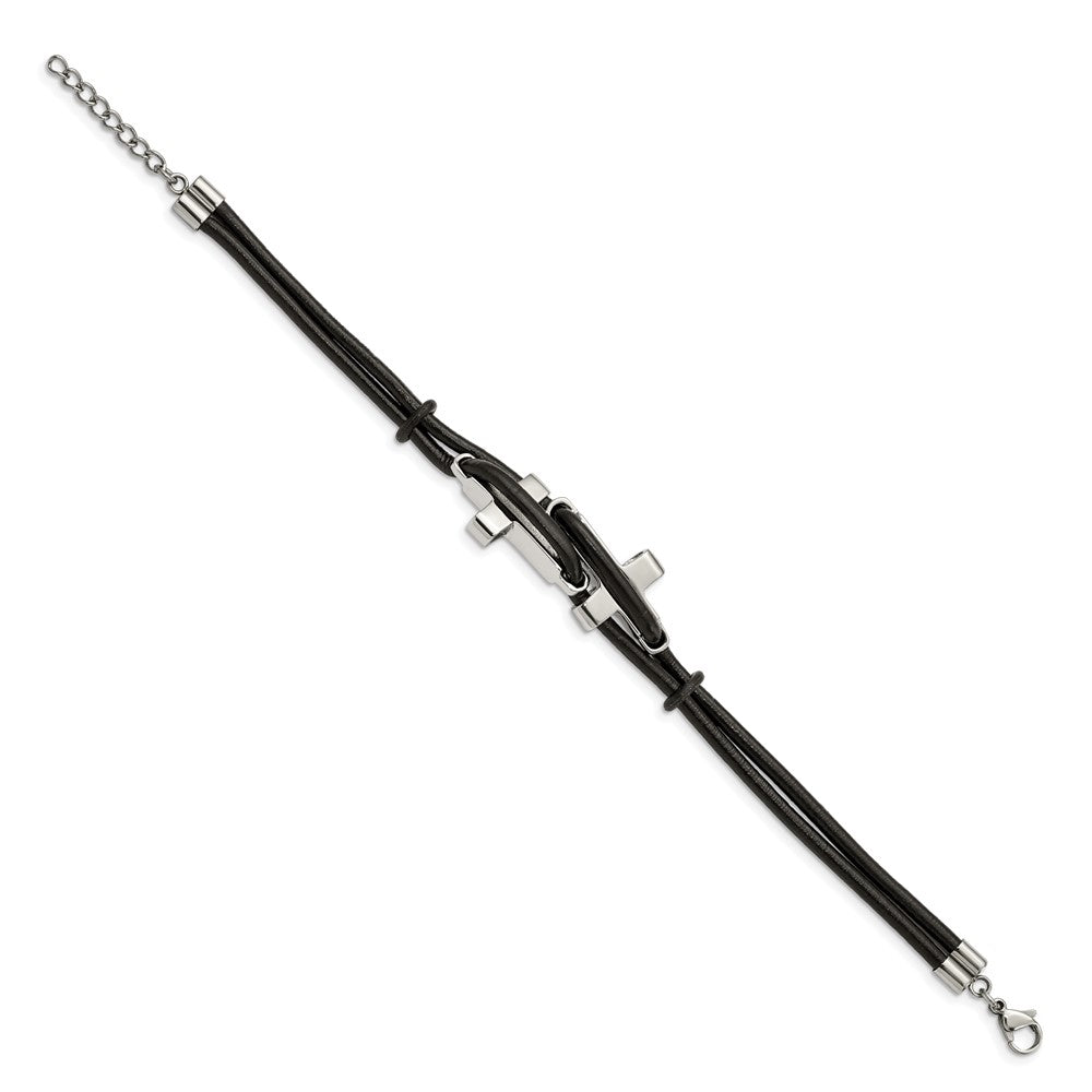 Stainless Steel Chisel Polished Sideways Crosses 2 Strand Black Leather 8.25 Inch Bracelet