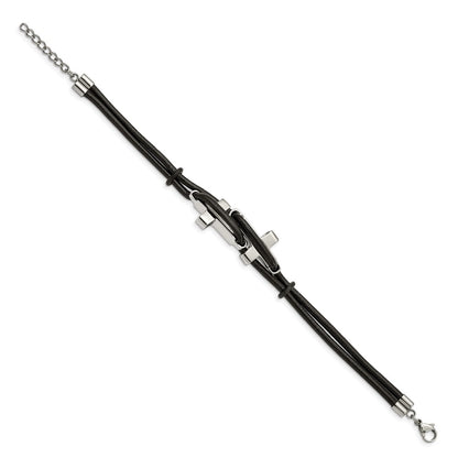 Stainless Steel Chisel Polished Sideways Crosses 2 Strand Black Leather 8.25 Inch Bracelet