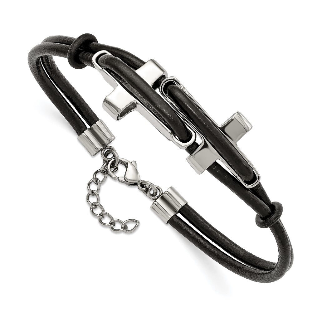 Stainless Steel Chisel Polished Sideways Crosses 2 Strand Black Leather 8.25 Inch Bracelet