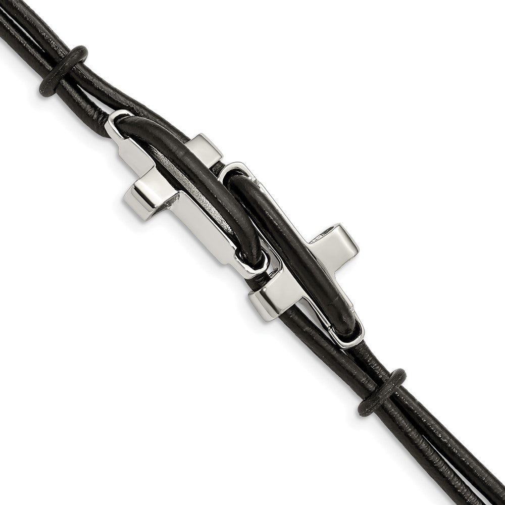 Stainless Steel Chisel Polished Sideways Crosses 2 Strand Black Leather 8.25 Inch Bracelet