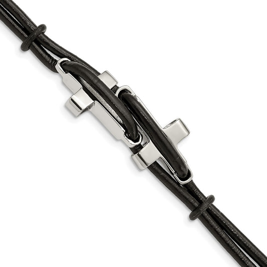 Stainless Steel Chisel Polished Sideways Crosses 2 Strand Black Leather 8.25 Inch Bracelet