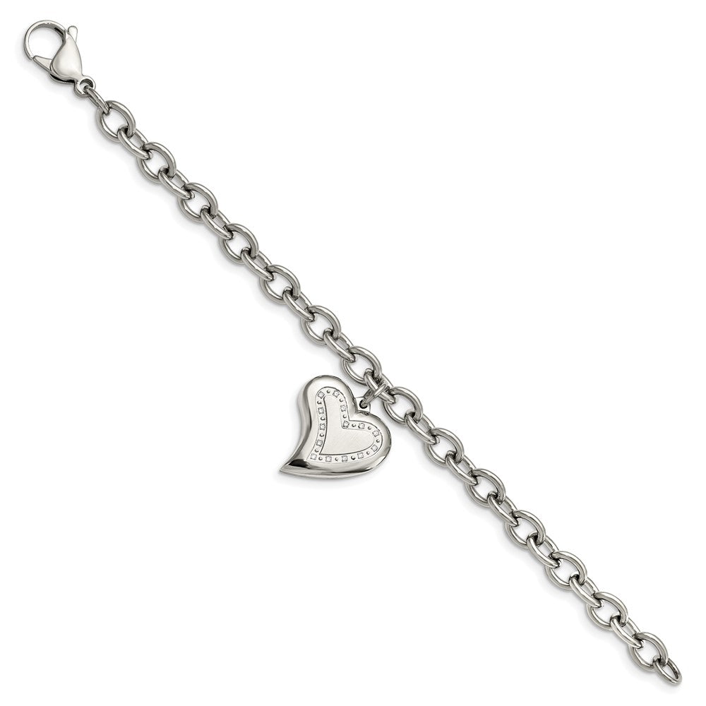 Stainless Steel Chisel Polished With Cz Heart Charm 7.5 Inch Bracelet