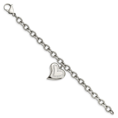 Stainless Steel Chisel Polished With Cz Heart Charm 7.5 Inch Bracelet