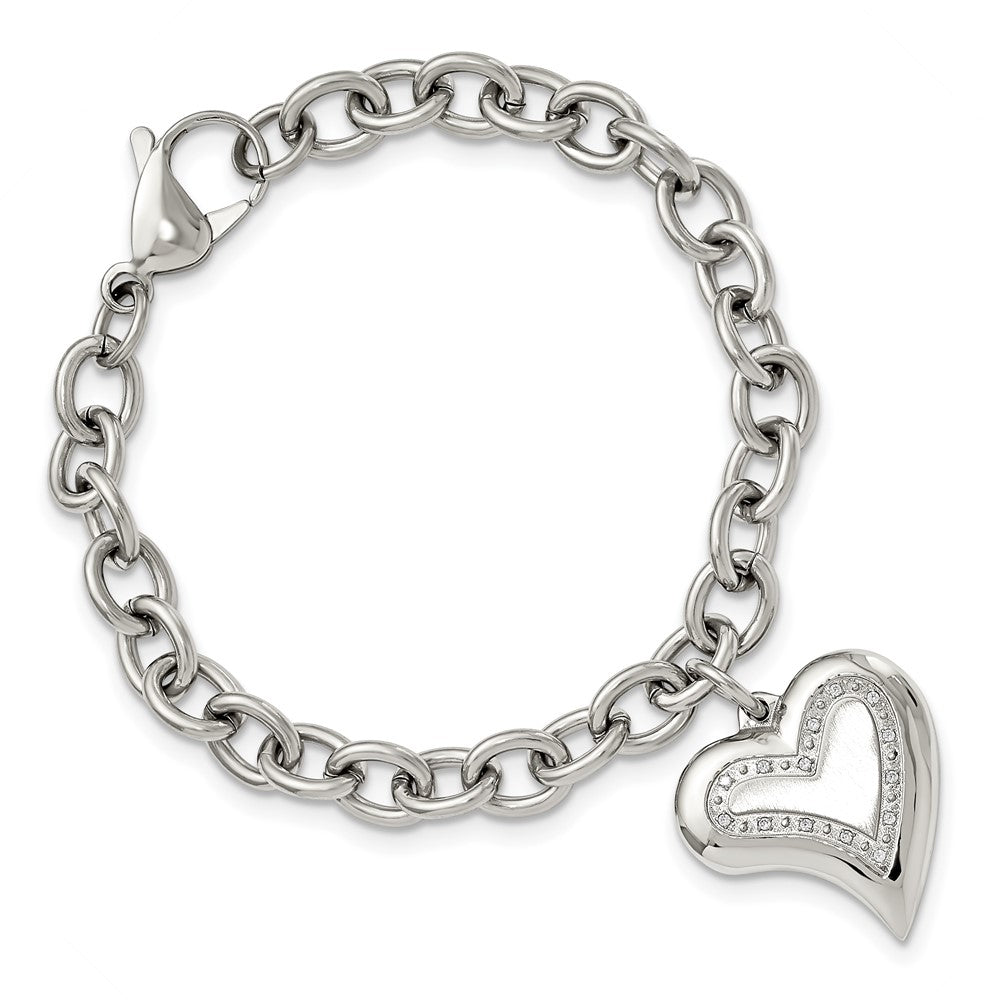 Stainless Steel Chisel Polished With Cz Heart Charm 7.5 Inch Bracelet