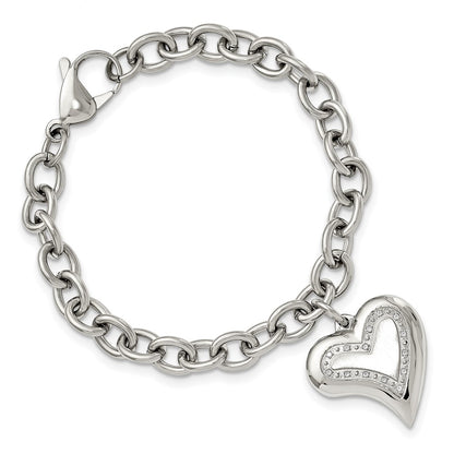 Stainless Steel Chisel Polished With Cz Heart Charm 7.5 Inch Bracelet