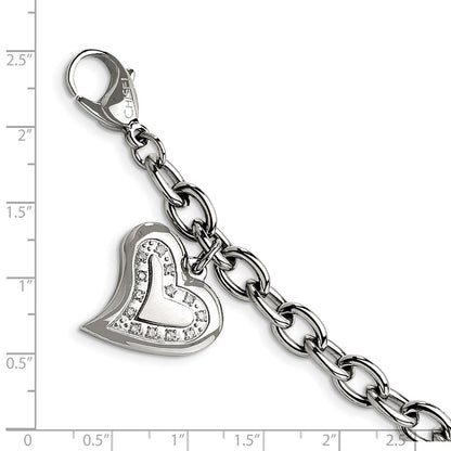 Stainless Steel Chisel Polished With Cz Heart Charm 7.5 Inch Bracelet