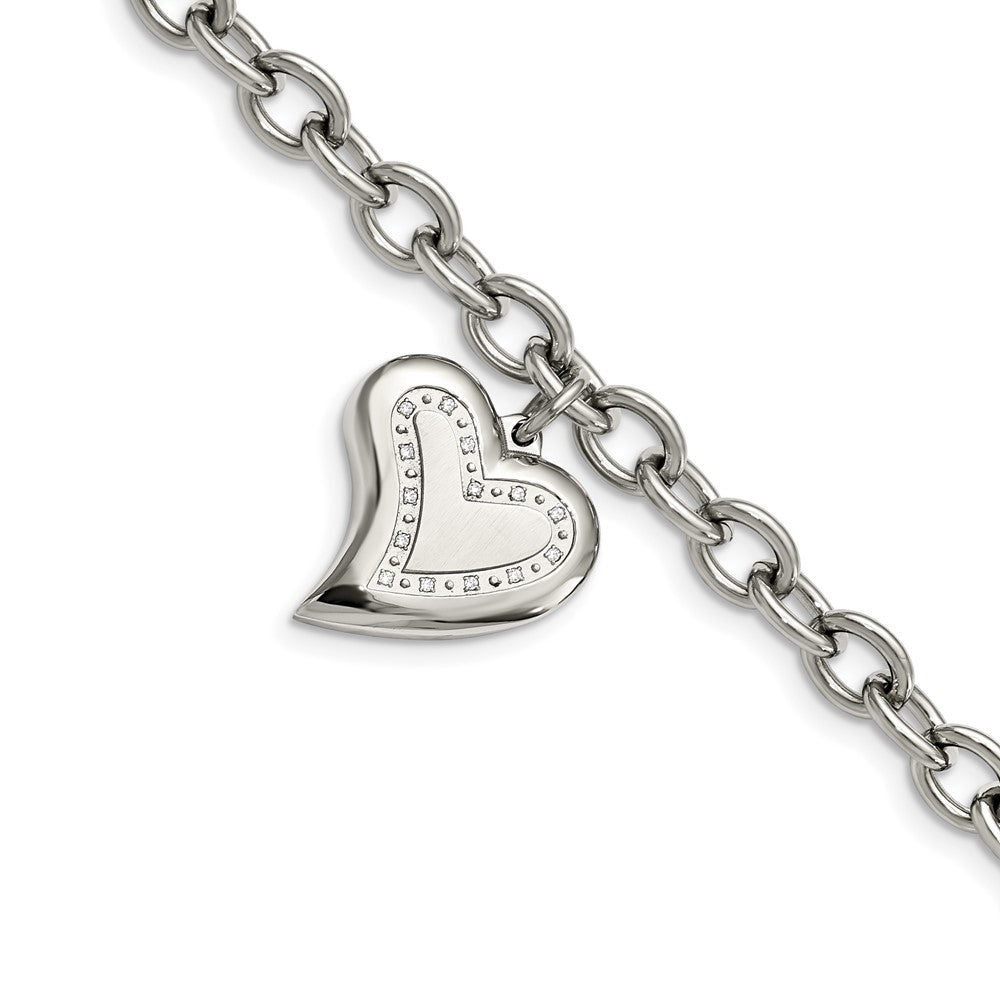 Stainless Steel Chisel Polished With Cz Heart Charm 7.5 Inch Bracelet
