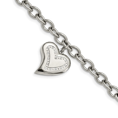 Stainless Steel Chisel Polished With Cz Heart Charm 7.5 Inch Bracelet