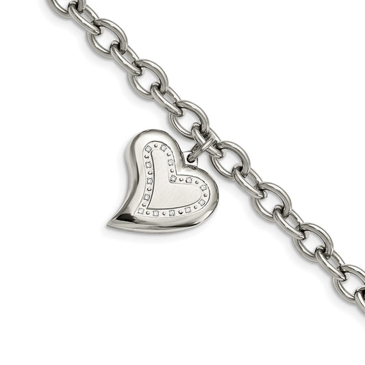 Stainless Steel Chisel Polished With Cz Heart Charm 7.5 Inch Bracelet