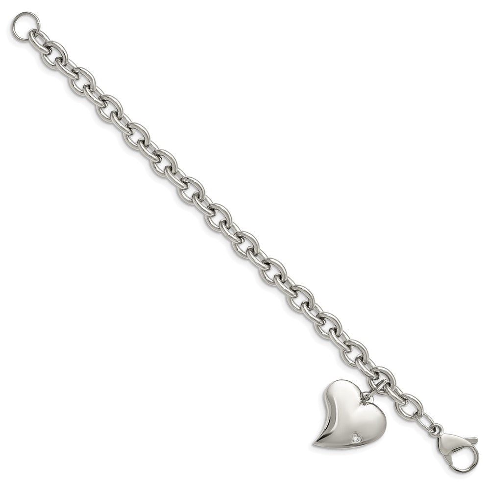 Stainless Steel Chisel Polished Link With Cz Heart Dangle Charm 7.5 Inch Bracelet