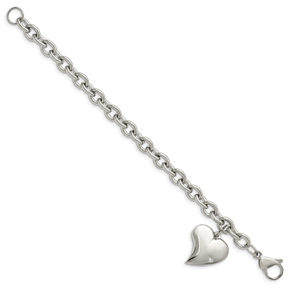 Stainless Steel Chisel Polished Link With Cz Heart Dangle Charm 7.5 Inch Bracelet