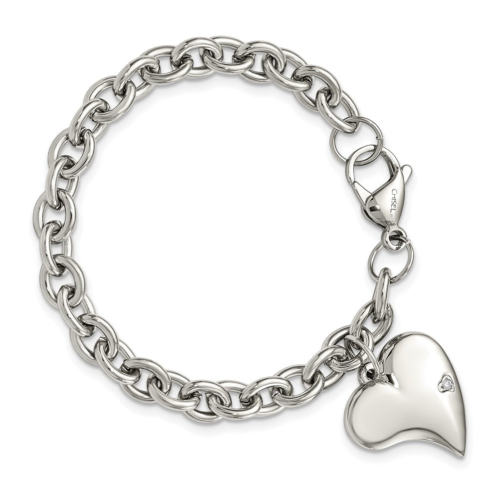 Stainless Steel Chisel Polished Link With Cz Heart Dangle Charm 7.5 Inch Bracelet