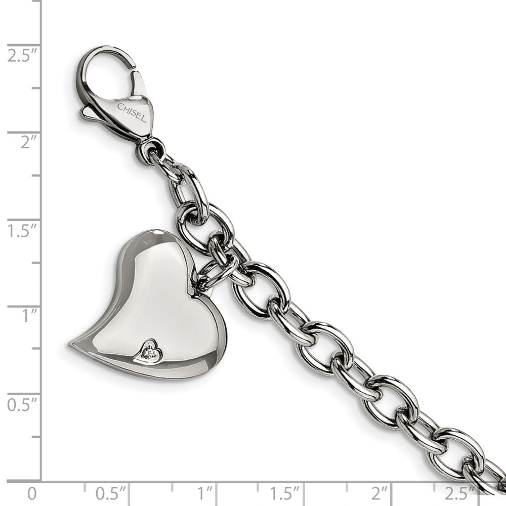 Stainless Steel Chisel Polished Link With Cz Heart Dangle Charm 7.5 Inch Bracelet