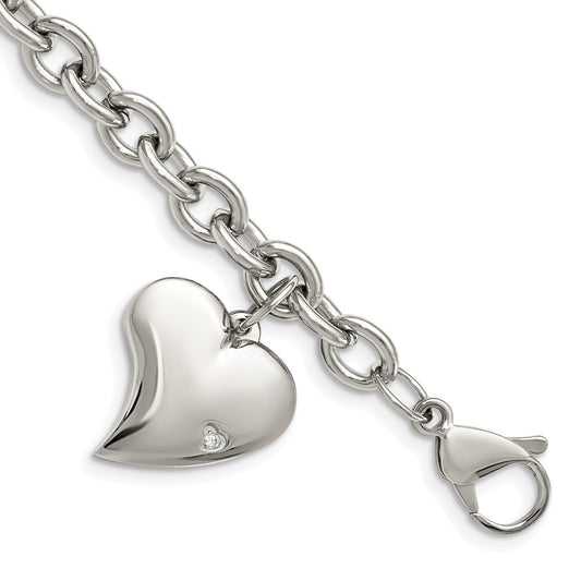Stainless Steel Chisel Polished Link With Cz Heart Dangle Charm 7.5 Inch Bracelet