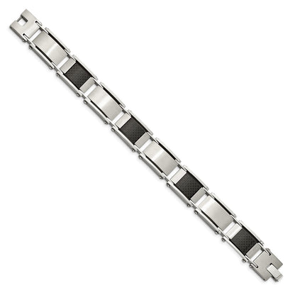 9 Inch Chisel Stainless Steel Brushed And Polished With Black Carbon Fiber Inlay 8.75 Link Bracelet
