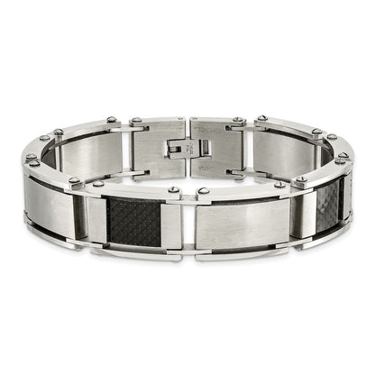 9 Inch Chisel Stainless Steel Brushed And Polished With Black Carbon Fiber Inlay 8.75 Link Bracelet
