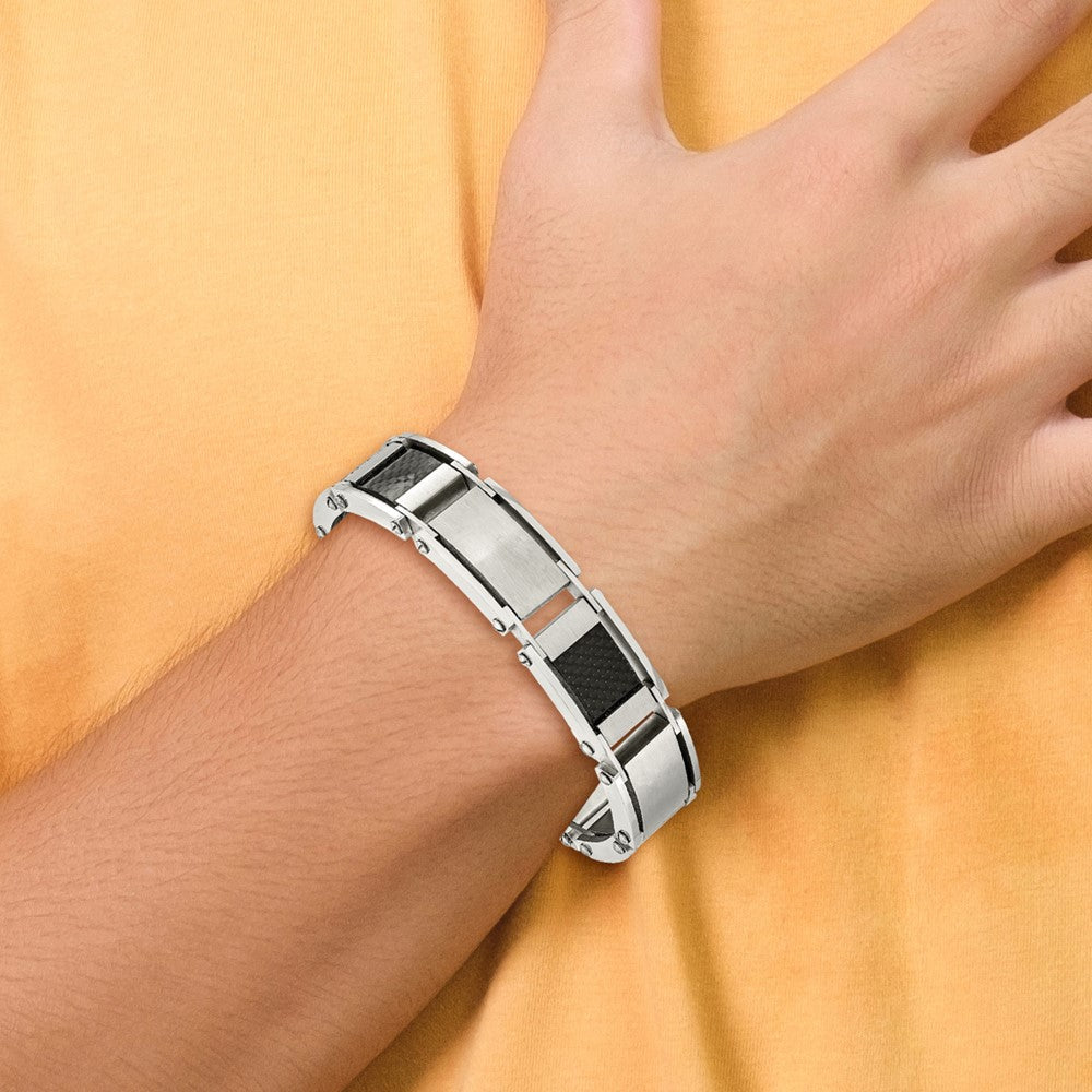 9 Inch Chisel Stainless Steel Brushed And Polished With Black Carbon Fiber Inlay 8.75 Link Bracelet