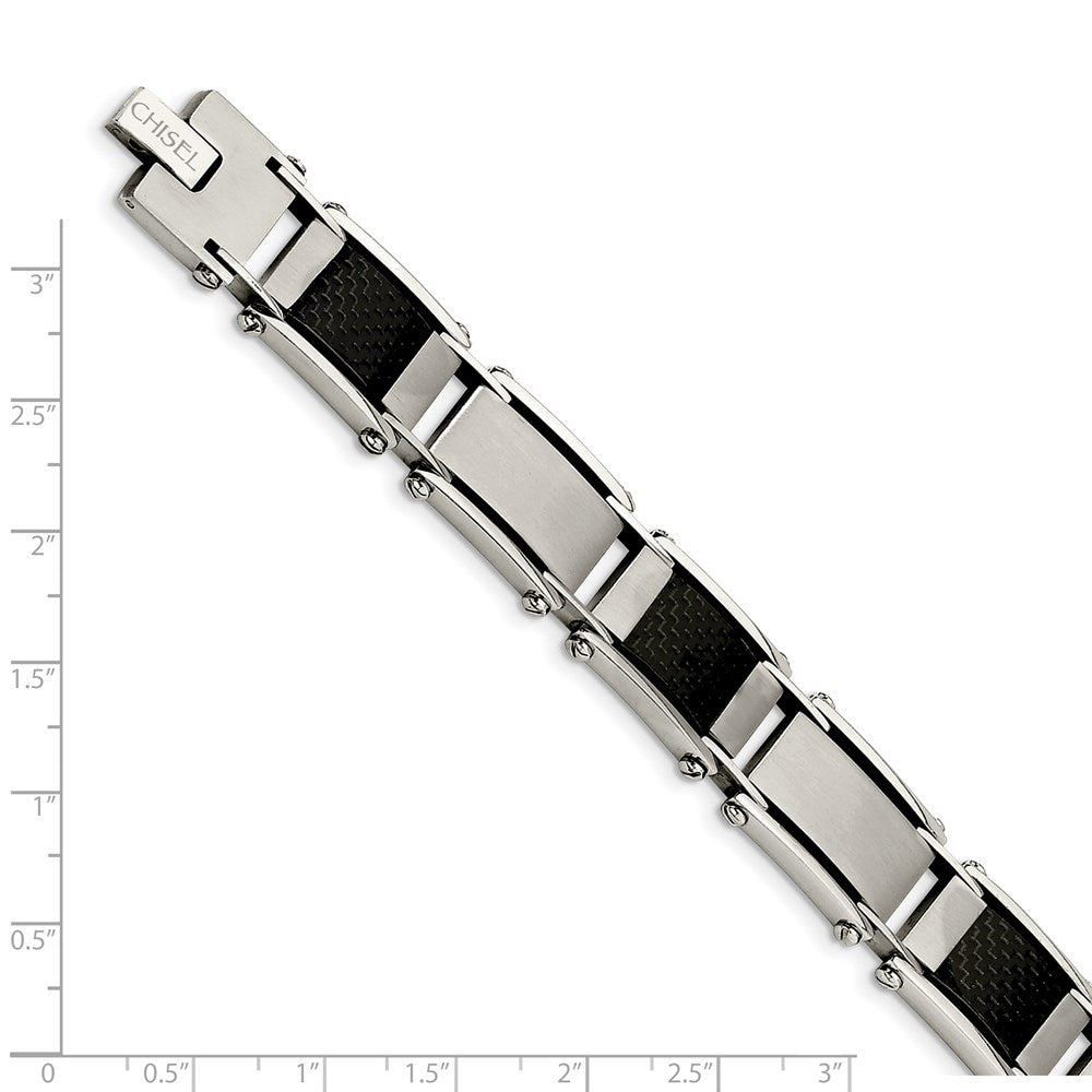9 Inch Chisel Stainless Steel Brushed And Polished With Black Carbon Fiber Inlay 8.75 Link Bracelet