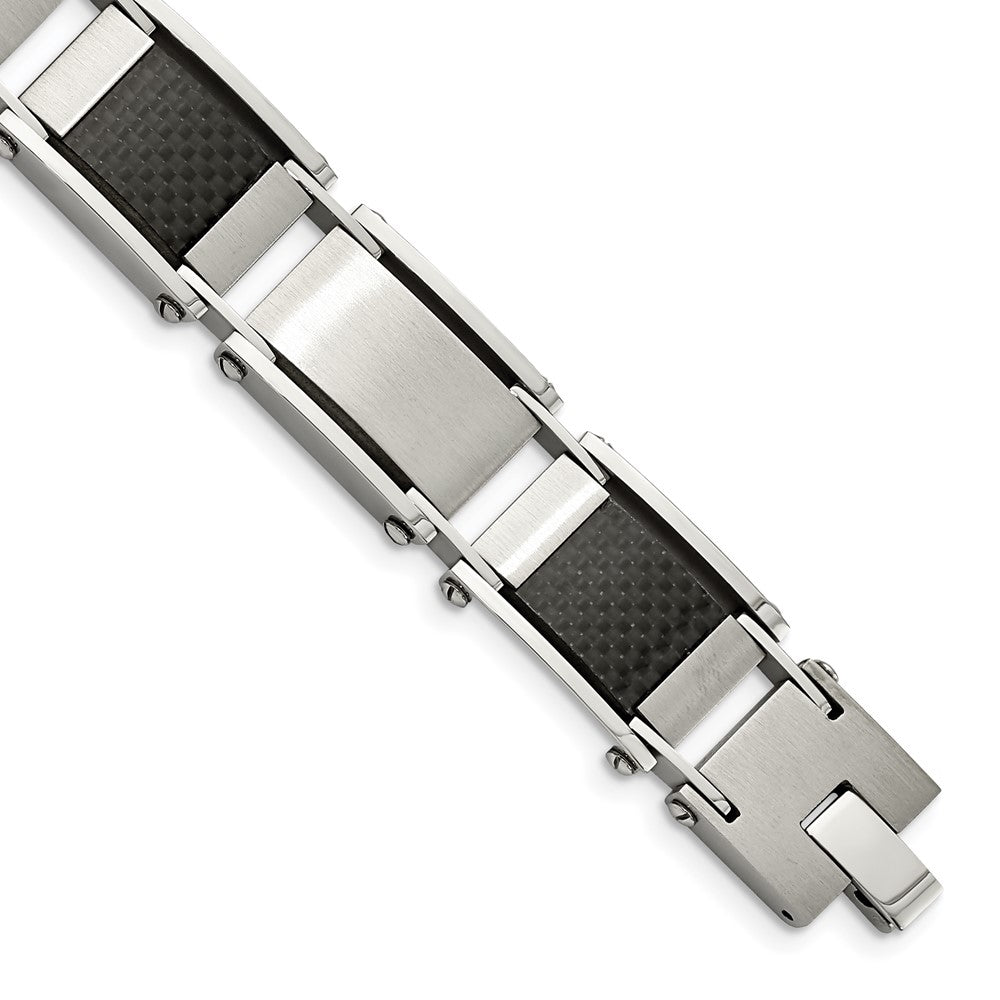 9 Inch Chisel Stainless Steel Brushed And Polished With Black Carbon Fiber Inlay 8.75 Link Bracelet