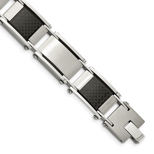 9 Inch Chisel Stainless Steel Brushed And Polished With Black Carbon Fiber Inlay 8.75 Link Bracelet