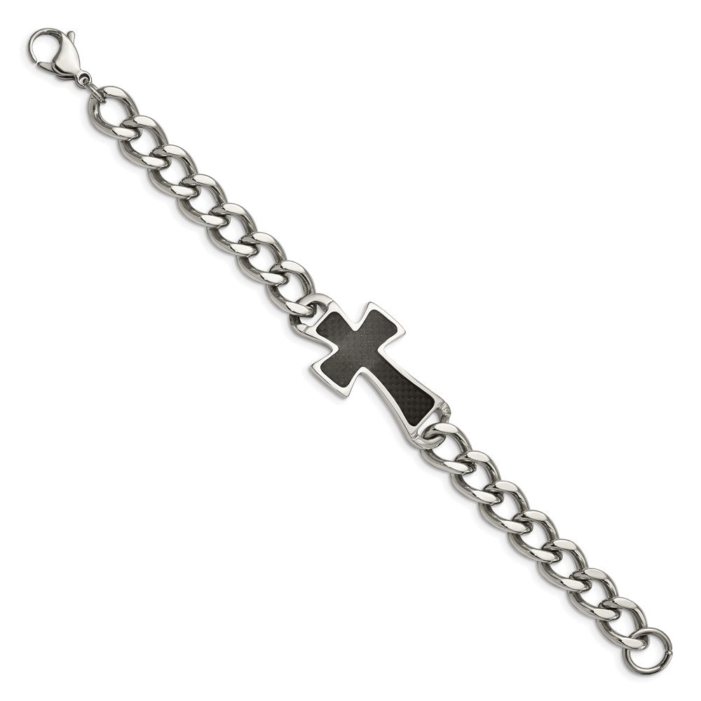 Stainless Steel Chisel Polished With Black Carbon Fiber Inlay Cross 8.5 Inch Bracelet
