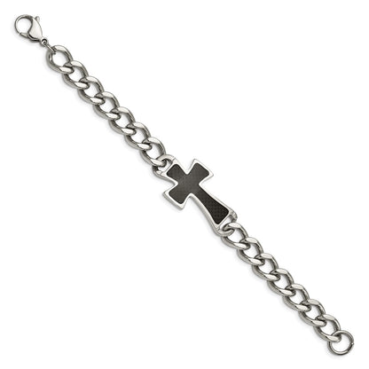 Stainless Steel Chisel Polished With Black Carbon Fiber Inlay Cross 8.5 Inch Bracelet