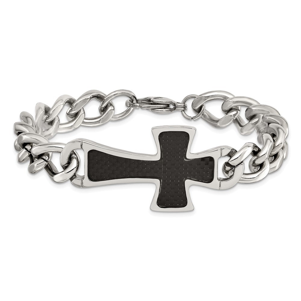 Stainless Steel Chisel Polished With Black Carbon Fiber Inlay Cross 8.5 Inch Bracelet