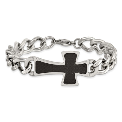 Stainless Steel Chisel Polished With Black Carbon Fiber Inlay Cross 8.5 Inch Bracelet